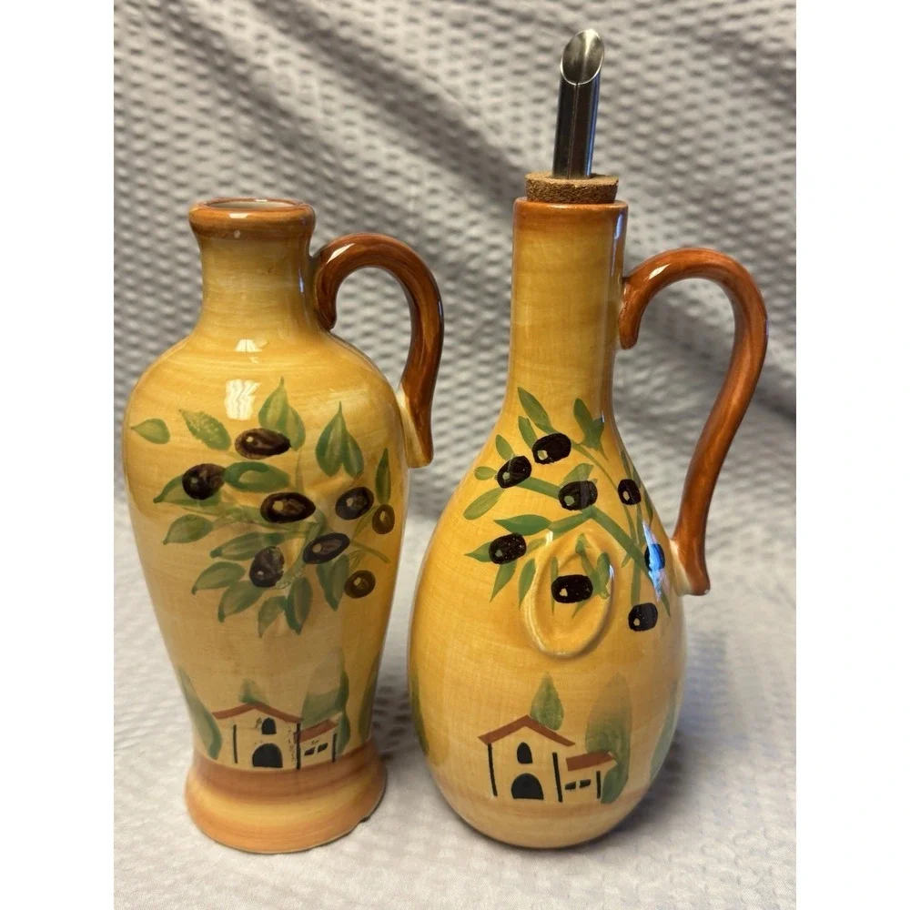 Vintage Pfaltzgraff Olive Grove Oil & Vinegar Jars w/drizzle‎ Spout RARE